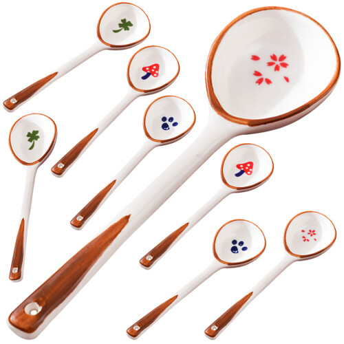 Ceramic Asian soup spoons blue long handle 8 pcs