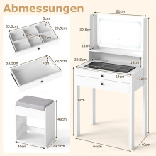 Sminkbord med LED-spegel, uttag, stoppad pall, vit