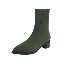Army Green Knitted Ankle Boots for Women with Pointed Toe