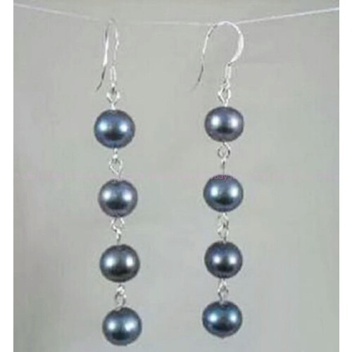Black Pearl Earrings Natural 7-8mm 4 Beads Silver Hook