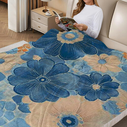 Flannel Blanket Blue Orange Flower 60x80in 1