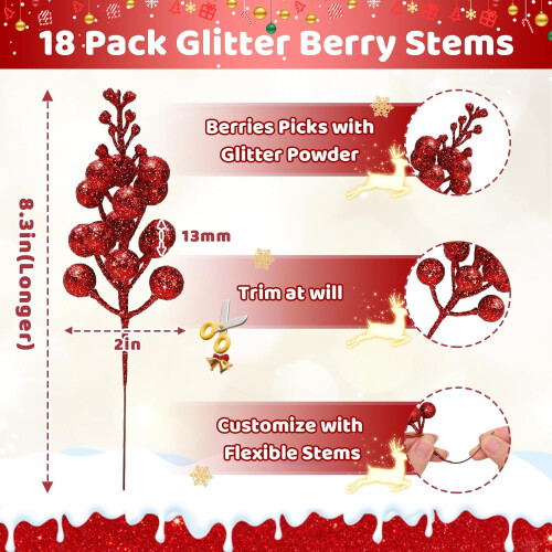 Glitter Berry Tree Picks Silver Stems 18-Pack 1