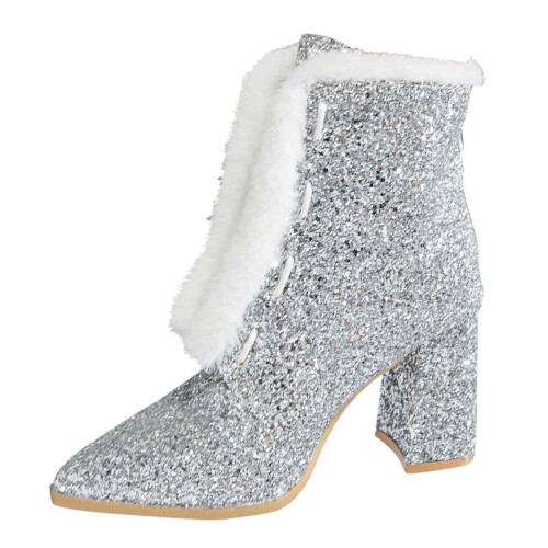Women's Silver Chunky Heel Ankle Boot Round Toe PU Metallic