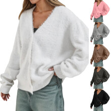 Women's Furry Cropped Cardigan Dark Gray L