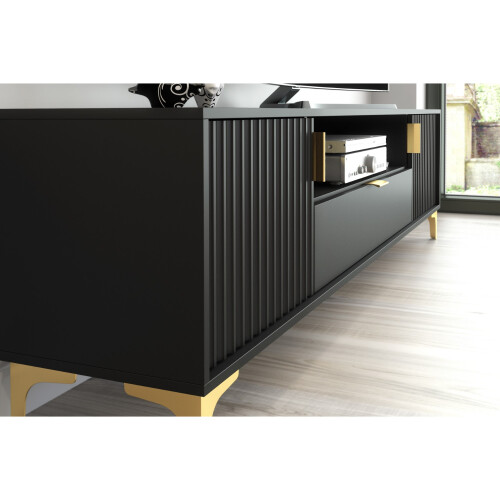 Creative Furniture Tide Crest 200cm Black TV Unit Gold - Modern Fluted Design 2