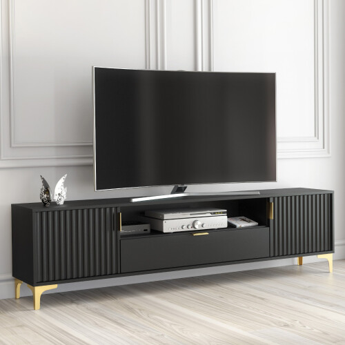 Creative Furniture Tide Crest 200cm Black TV Unit Gold - Modern Fluted Design
