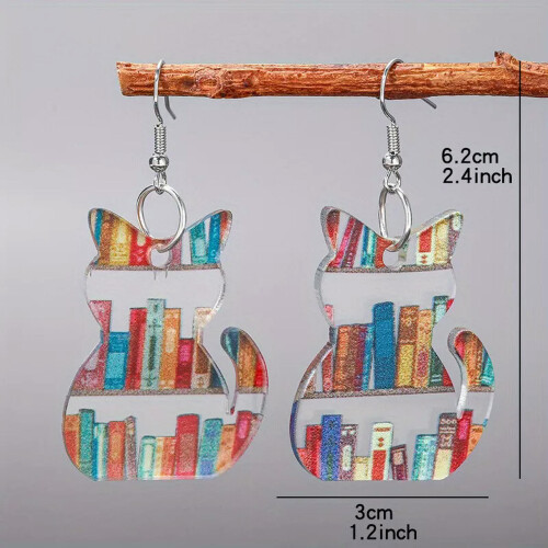 Acrylic Bookshelf Print Drop Earrings Cat Design 1 Pair 1
