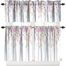 Watercolor Pink Floral Kitchen Curtains Valance Set 3 Pieces