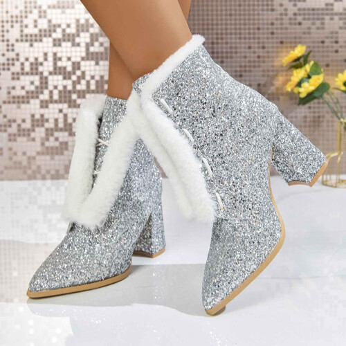 Women's Silver Chunky Heel Ankle Boot Round Toe PU Metallic 1