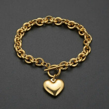 Stainless Steel Heart Charm Bracelet Oval Chain 9.5 Inch