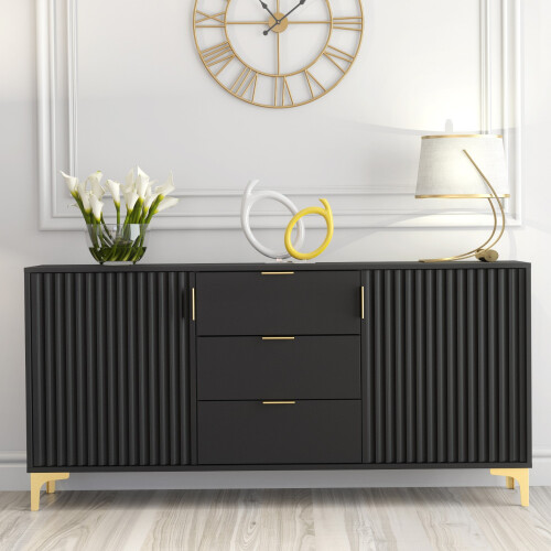 Creative Furniture Tide Crest 140cm Black Sideboard Gold - Modern Fluted Design