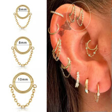 Chain Dangle Hoop Huggie Earrings 1.2mm x 6mm Gold