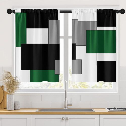 Green Kitchen Curtains Dark Grey White Abstract Geometric