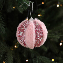 Pink Plush Christmas Ball Ornament with Glitter Pearls Fur