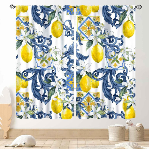 Yellow Lemon Kitchen Curtains Vintage Retro Fruit Pattern