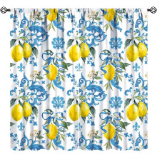 Watercolor Lemon Kitchen Curtains Rustic Blue Tile