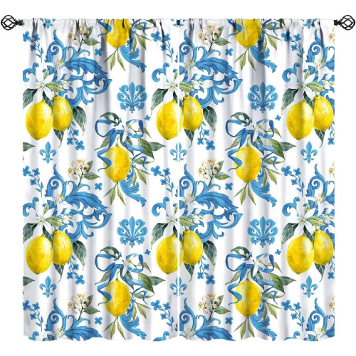 Watercolor Lemon Kitchen Curtains Rustic Blue Tile