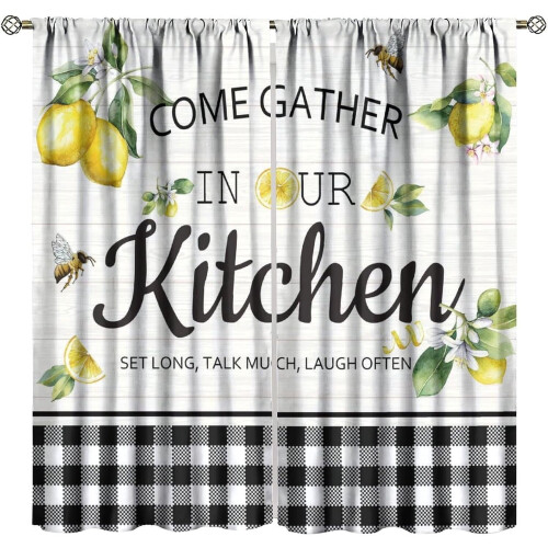Farmhouse Lemon Kitchen Curtains Rustic Black White Buffalo