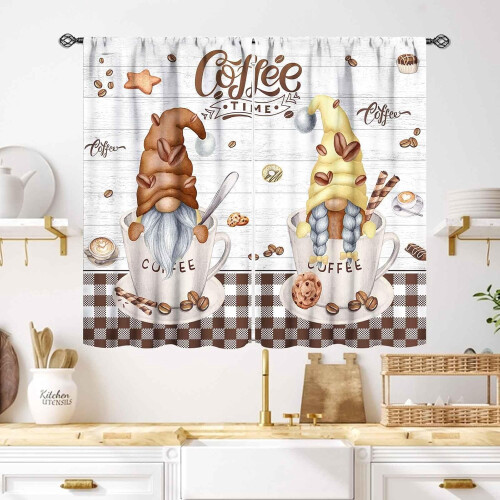 Rustic Coffee Kitchen Curtains Brown Vintage Gnome 55x39