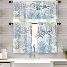Kitchen Curtains and Valances Set of 3 Coral Seashell Blue