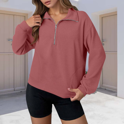 Women's Quarter-Zip Pullover Sweatshirt Long Sleeve Red M 1