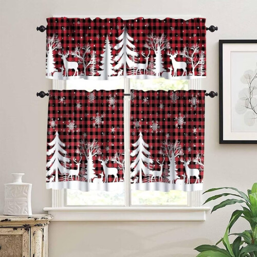 Christmas Kitchen Curtains Set Red Black Grid Snowflake Elk 1