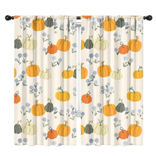 Pumpkin Pattern Kitchen Curtains Set of 2 Tier Rod Pocket