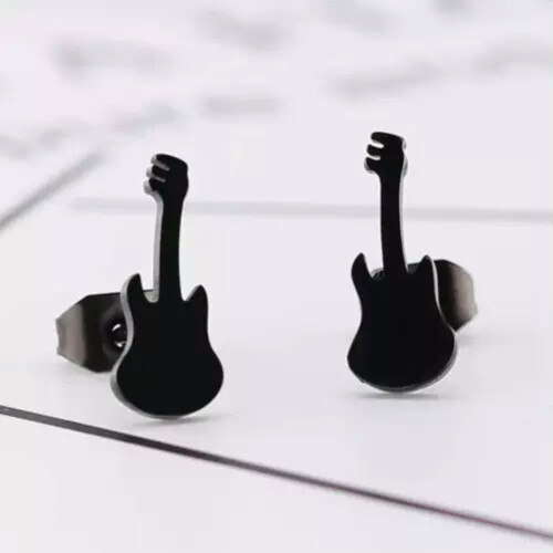 Stainless Steel Gold Plated Guitar Stud Earrings Black