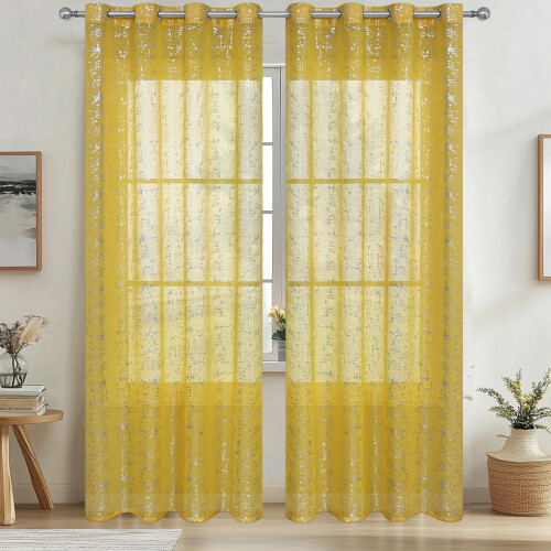 White sheer curtains with silver foil pattern grommet top