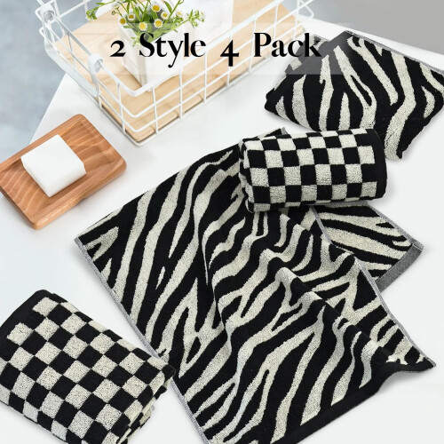 Bathroom Hand Towels Black Checkered Zebra 4 Pack 1