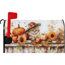 Thanksgiving Cat Mailbox Cover Wood Pumpkin Sunflower