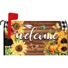 Sunflower Butterfly Wooden Buffalo Plaid Pumpkin Mailbox