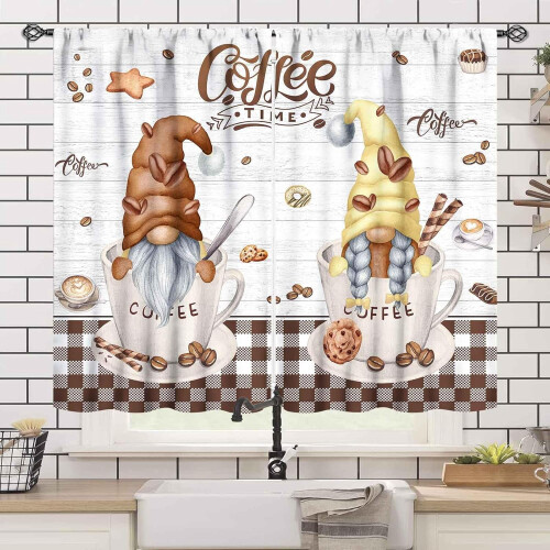 Rustic Coffee Kitchen Curtains Brown Vintage Gnome 55x39 1