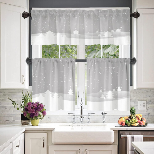 White Christmas Snow Kitchen Valances Grey Sky Pine 1
