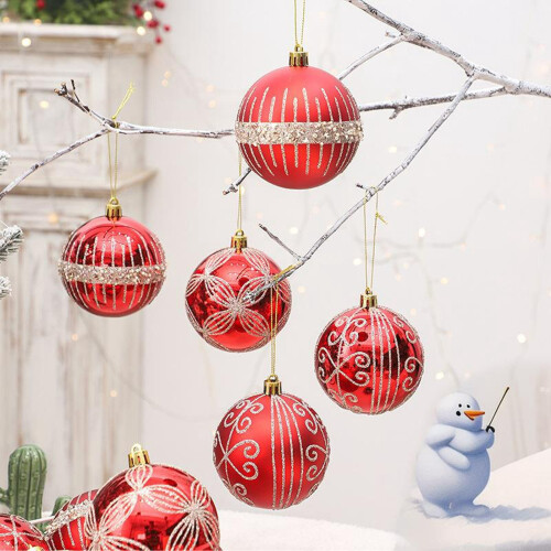 Christmas Balls Red Silver Shatterproof Plastic 6pcs