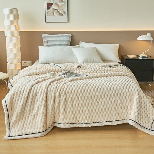 Flannel Fleece Blanket Beige Extra Thick Oversized 1