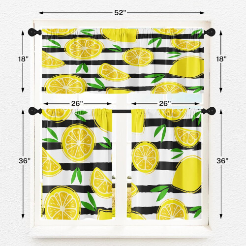 Lemon Leaves Kitchen Curtains Valance and Tier Set Black 2