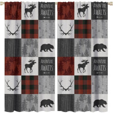 Moose Bear Curtains Vintage Country Christmas Grey Red