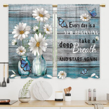 Farmhouse Wooden Daisy Kitchen Curtains Blue Teal Floral