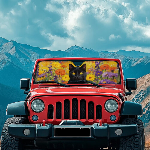 Floral Black Cat Windshield Sun Shade for Jeep Rubicon 1