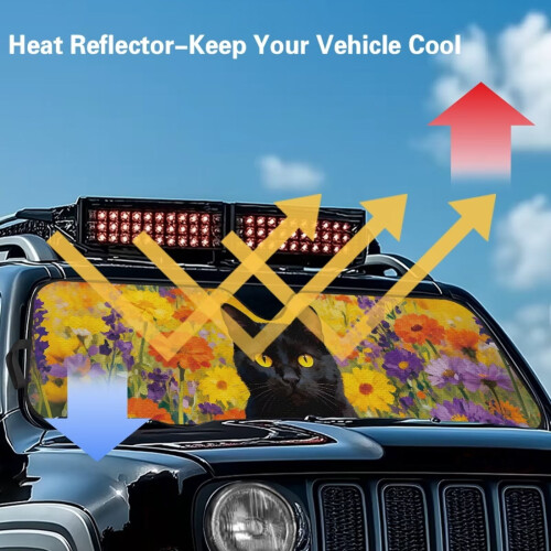 Floral Black Cat Windshield Sun Shade for Jeep Rubicon 2