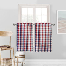 Linen Buffalo Check Tier Curtains Navy Red 28x24 Inch Set