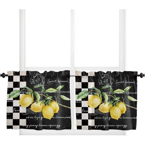 Lemon Farm Kitchen Curtains and Valance Set Black White