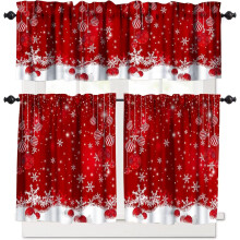 Red Christmas Kitchen Curtains Set with Snowflakes 3-Piece