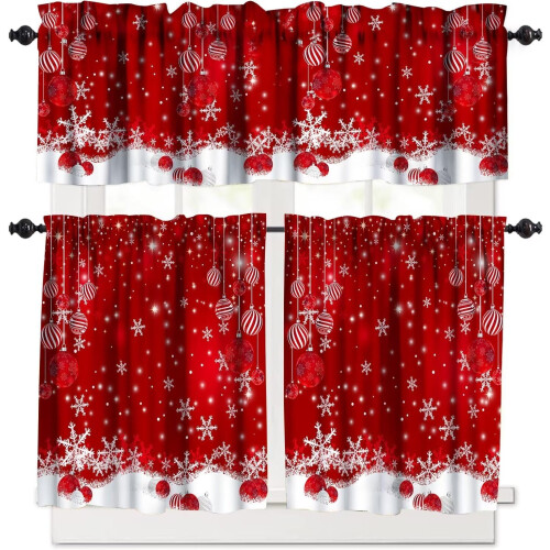 Red Christmas Kitchen Curtains Set with Snowflakes 3-Piece