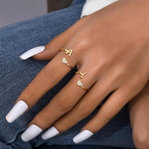 925 Sterling Silver Heart Initial Ring Rose Gold Plated 1