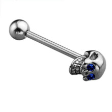 Stainless Steel CZ Skull Tongue Barbell Ring 14G