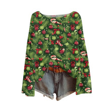 Women's Christmas Print Knit Pullover Top Green XL