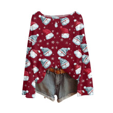 Women's Christmas Print Knit Pullover Top Red Loose Fit