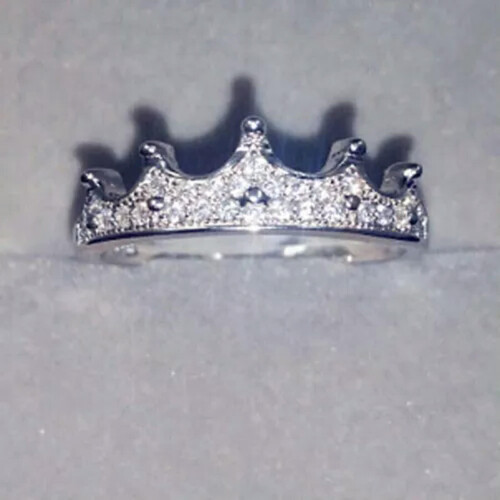 925 Silver Crystal Crown Ring Women Size 5-10